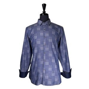 Barabas Signature Mens XL Blue Geometric Shirt Flip Cuff 100% Cotton Button Up